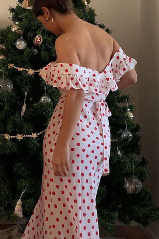 White Polka Dot Cami A-Line Ruffled Maxi Dress 4