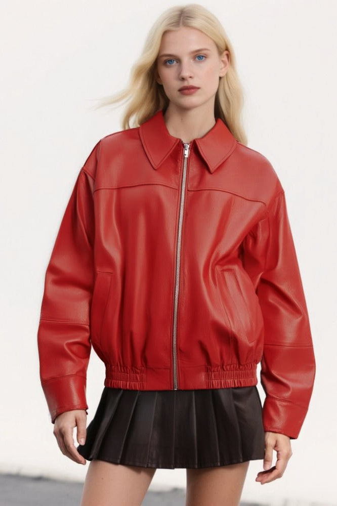 Faux Leather Collared Zip Casual Jacket