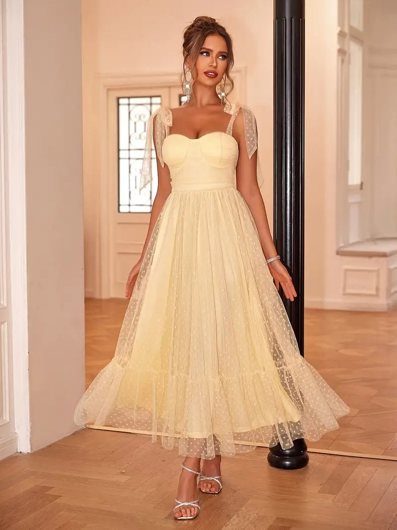 Sweetheart Neck Tie Strap Tulle Ruched A-Line Midi Dress