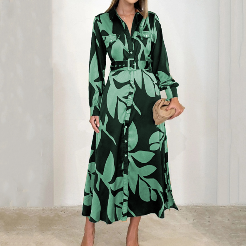 Collared Button Front Long Sleeve Leaf Print Belted Shirt Maxi Dress