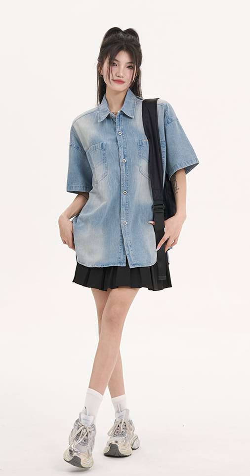 Oversized Faded Denim Button Shirt