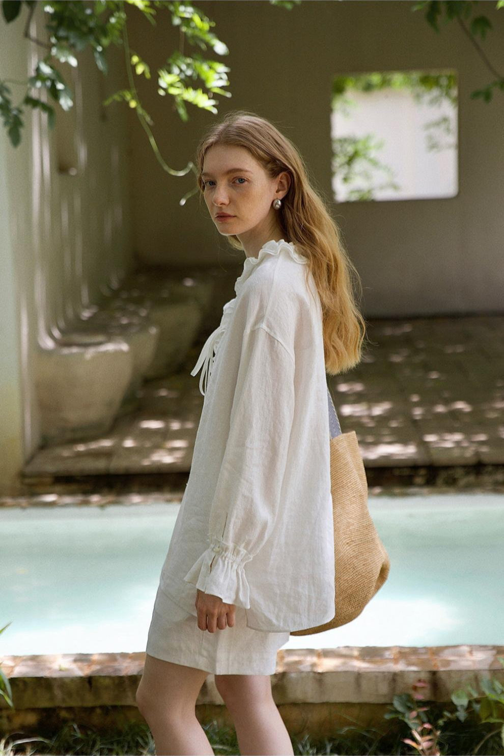 Linen Ruffle Tie Front Blouse