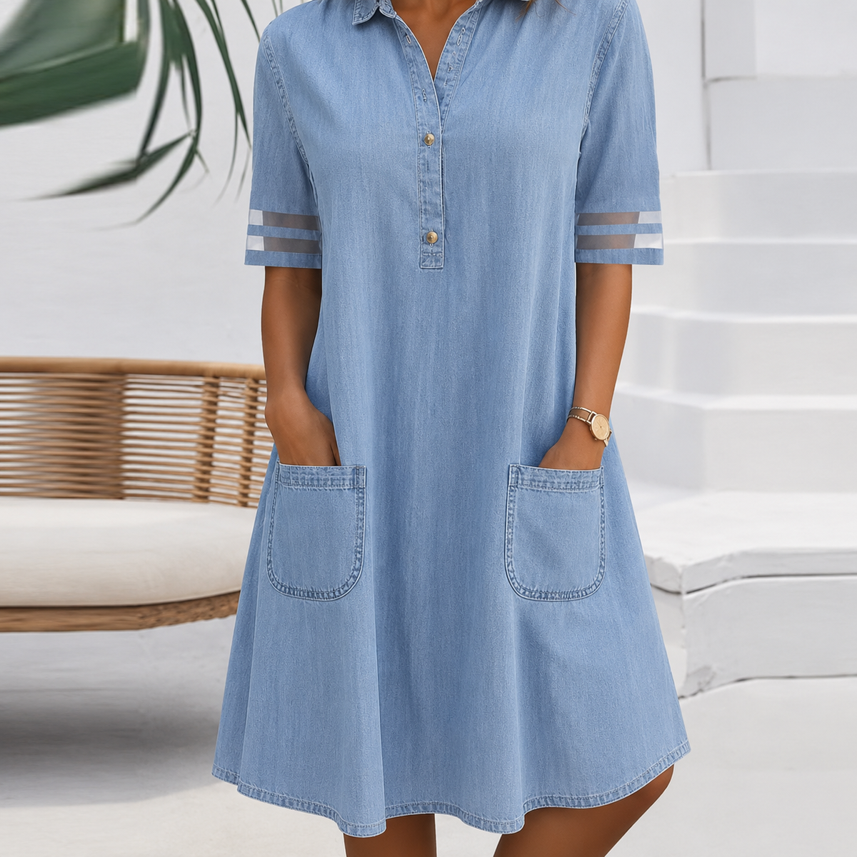 Blue Collared Denim Button Front Mesh Stripe Sleeve Shift Midi Dress