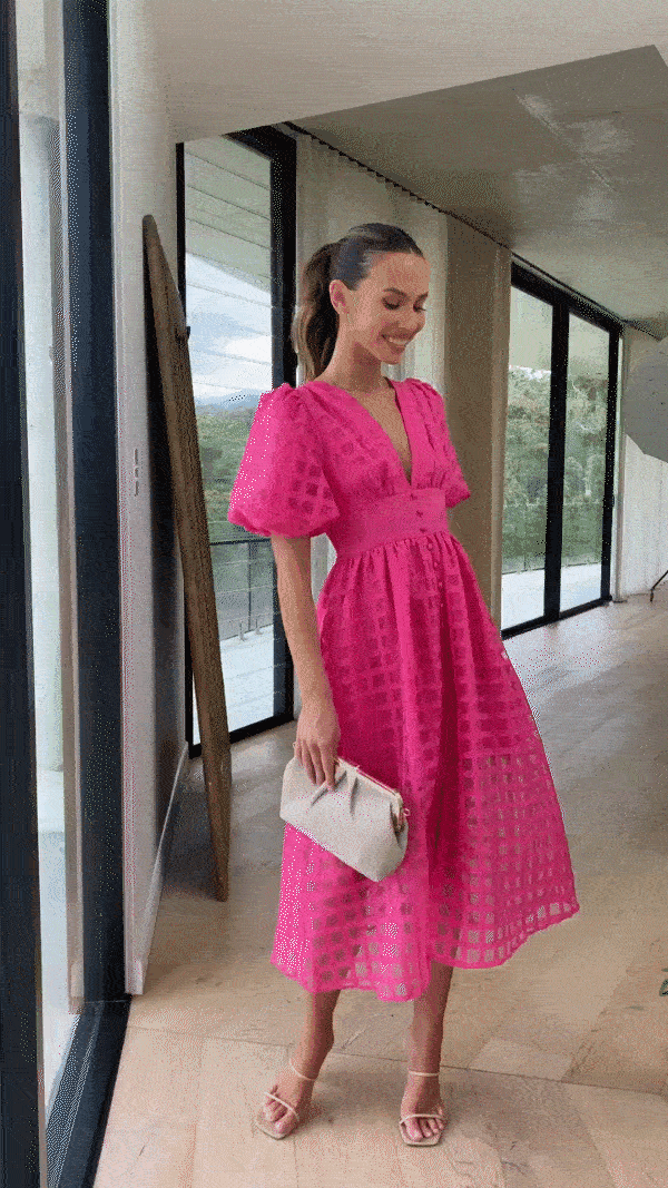 Beautiful square pattern fabric puff sleeve midi