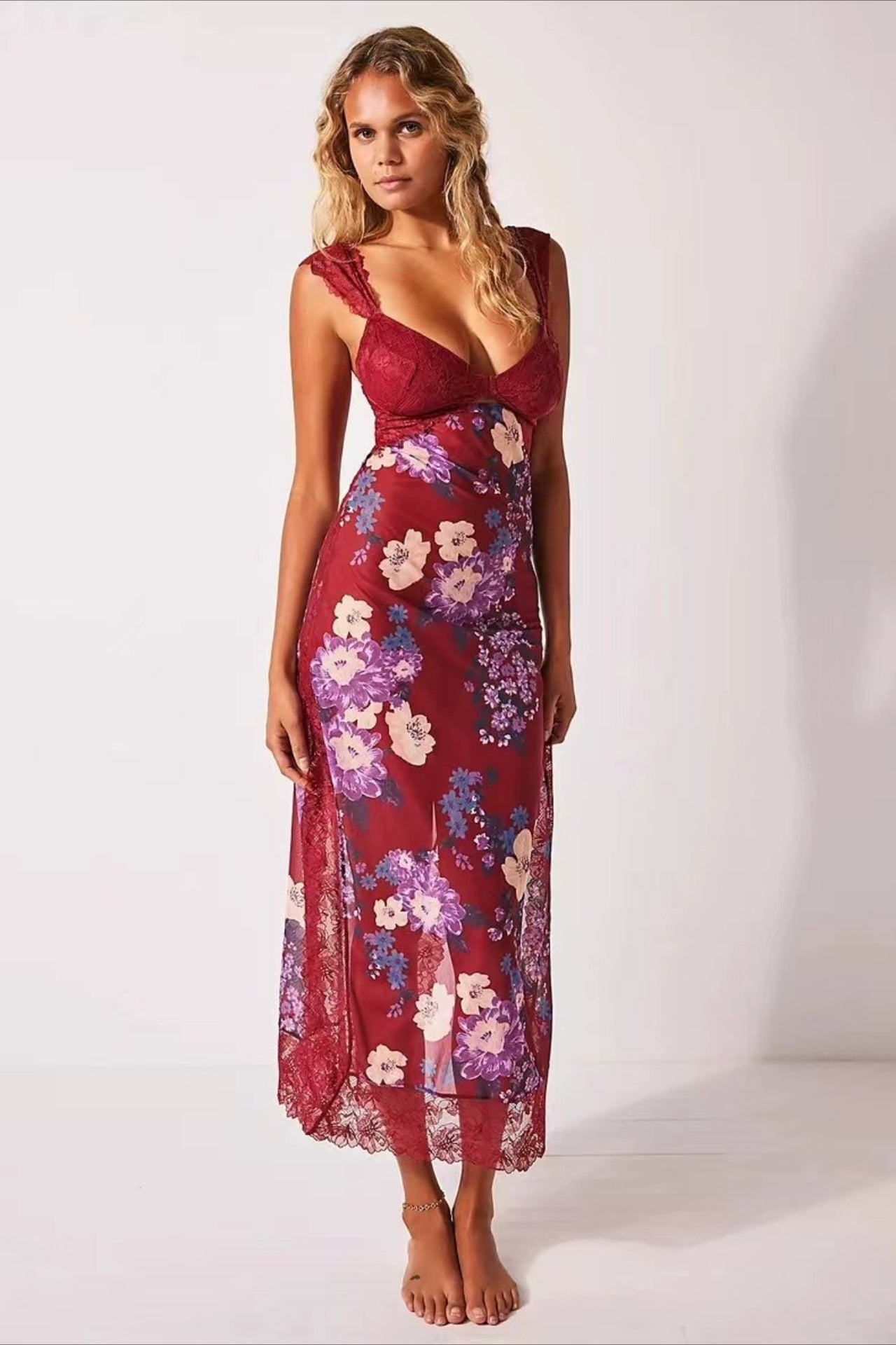 Sweetheart Lace Cap Sleeve Triangle Cutout Floral Print Bodycon Midi Dress 7