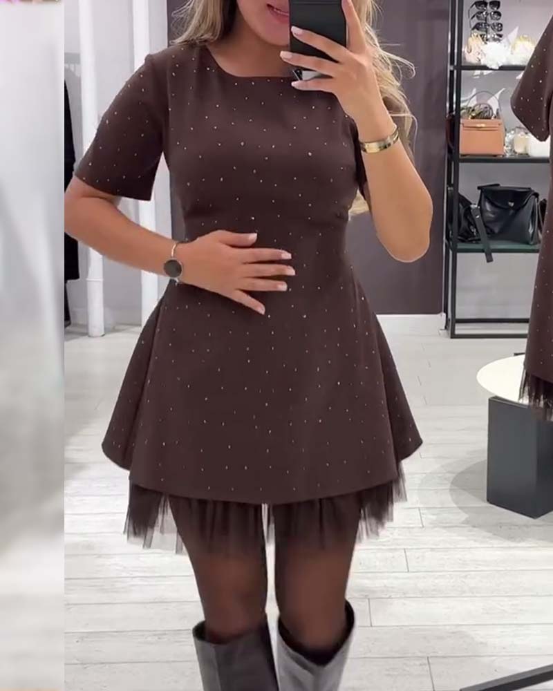 Round Neck Rhinestone Studded Short Sleeve Tulle Hem Flared Mini Dress 2