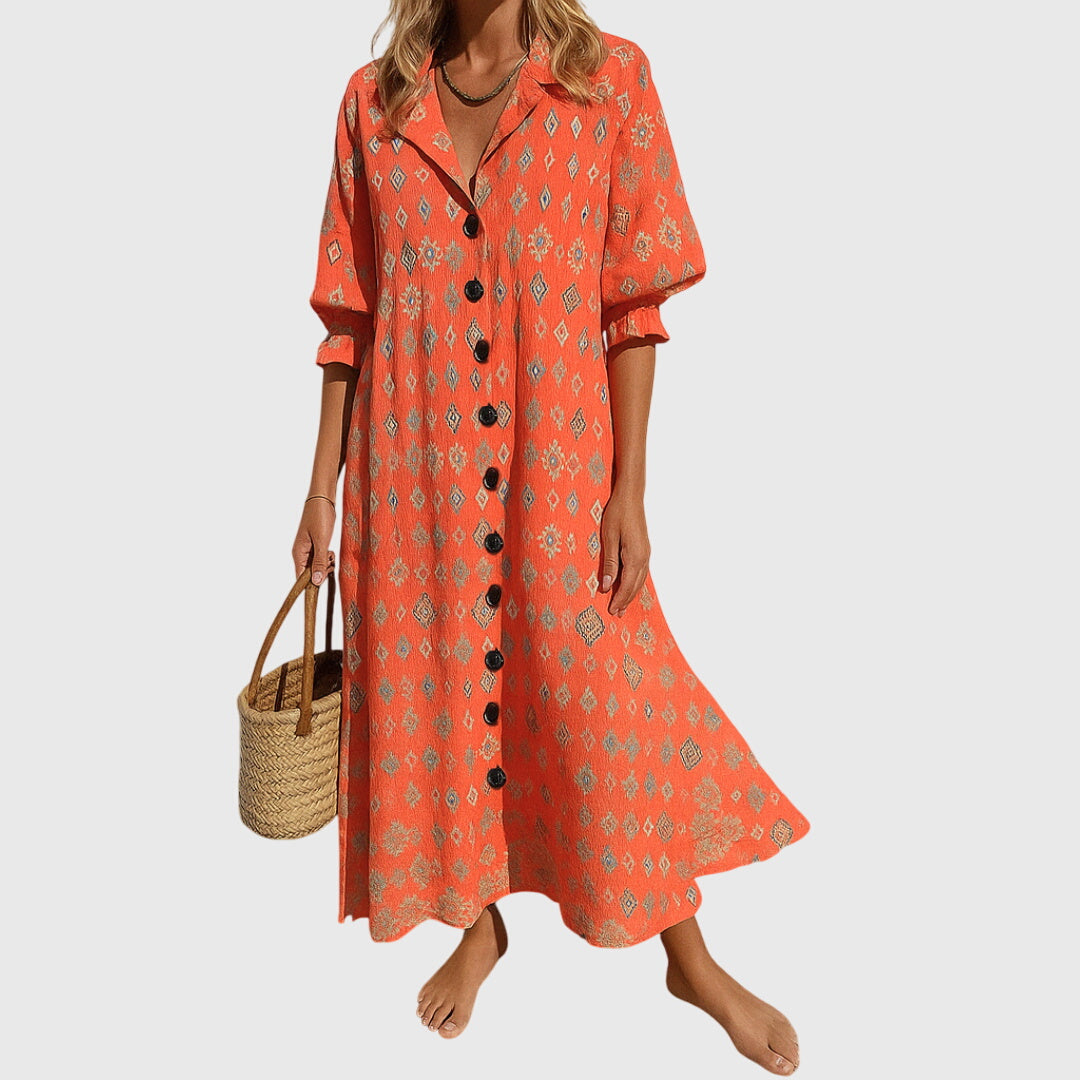 V-Neck Floral Print Button-Front Half Sleeve A-Line Maxi Dress