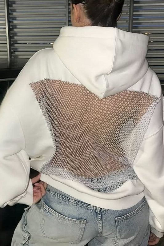 Sheer Mesh Panel Long Sleeve Hoodie