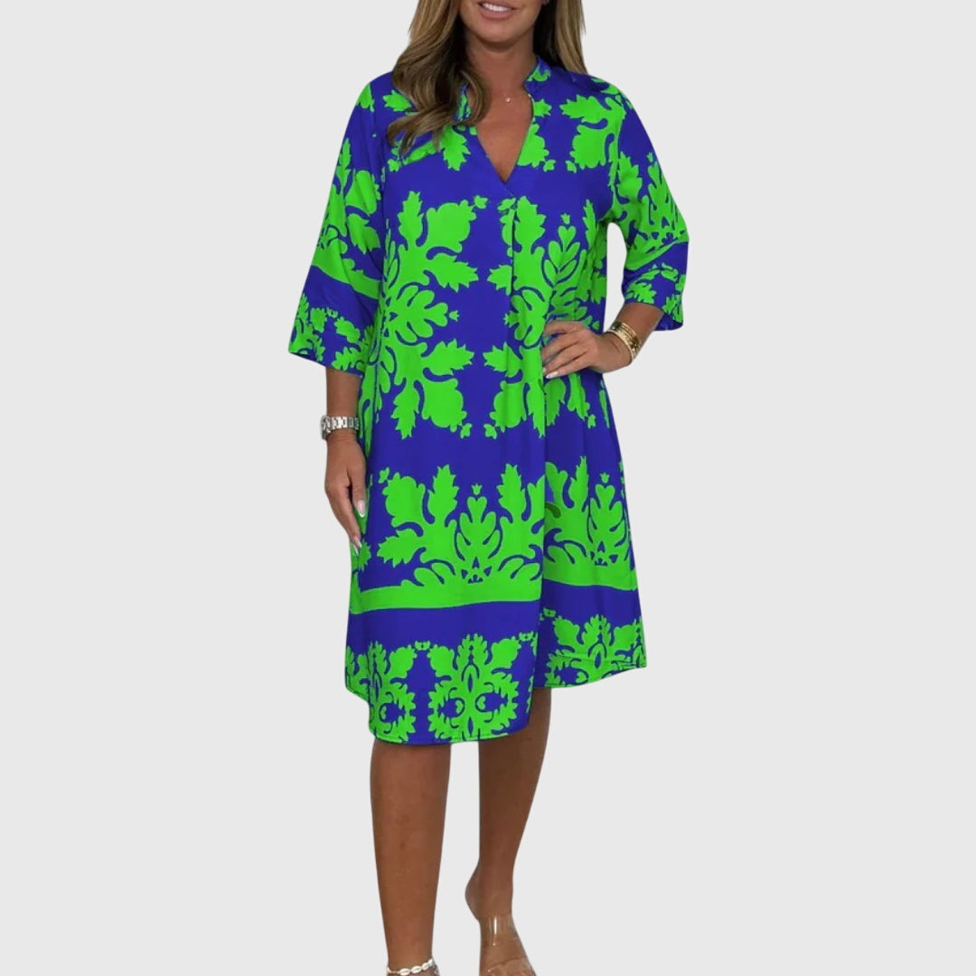 Split Neck Three-Quarter Sleeve Damask Print Shift Midi Dress 6