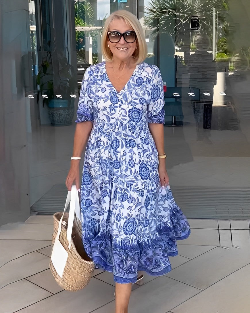 V-Neck Puff Sleeve Paisley Floral Tiered Flowy Maxi Dress 2