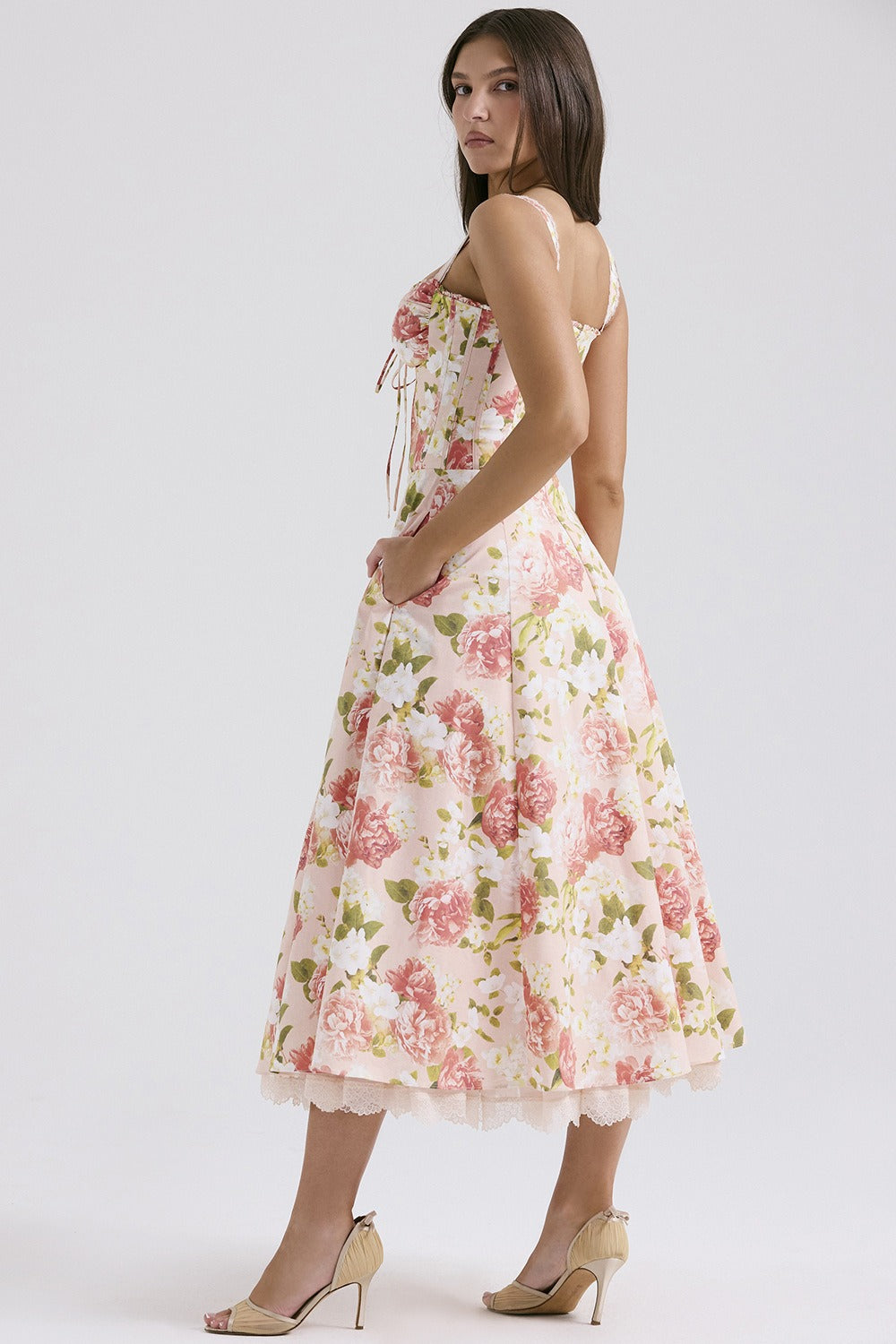 Wide Strap Lace Trim Corset Bodice Floral Print A-Line Midi Dress 7