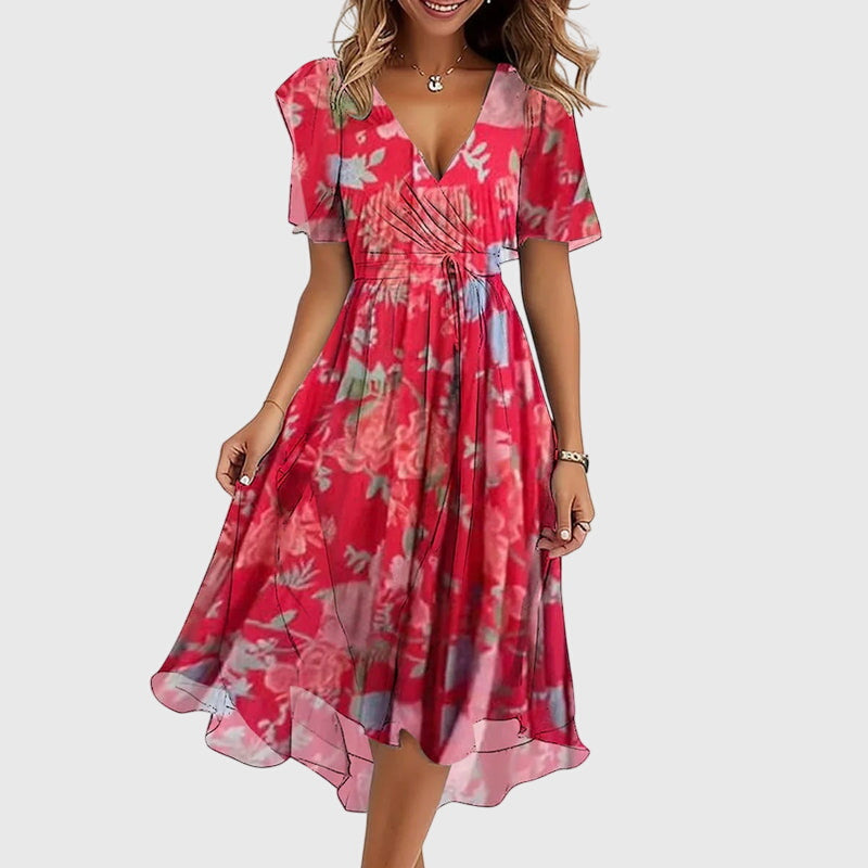 Surplice V-Neck Abstract Watercolor Print Flutter Sleeve Tie Waist Midi Dress
