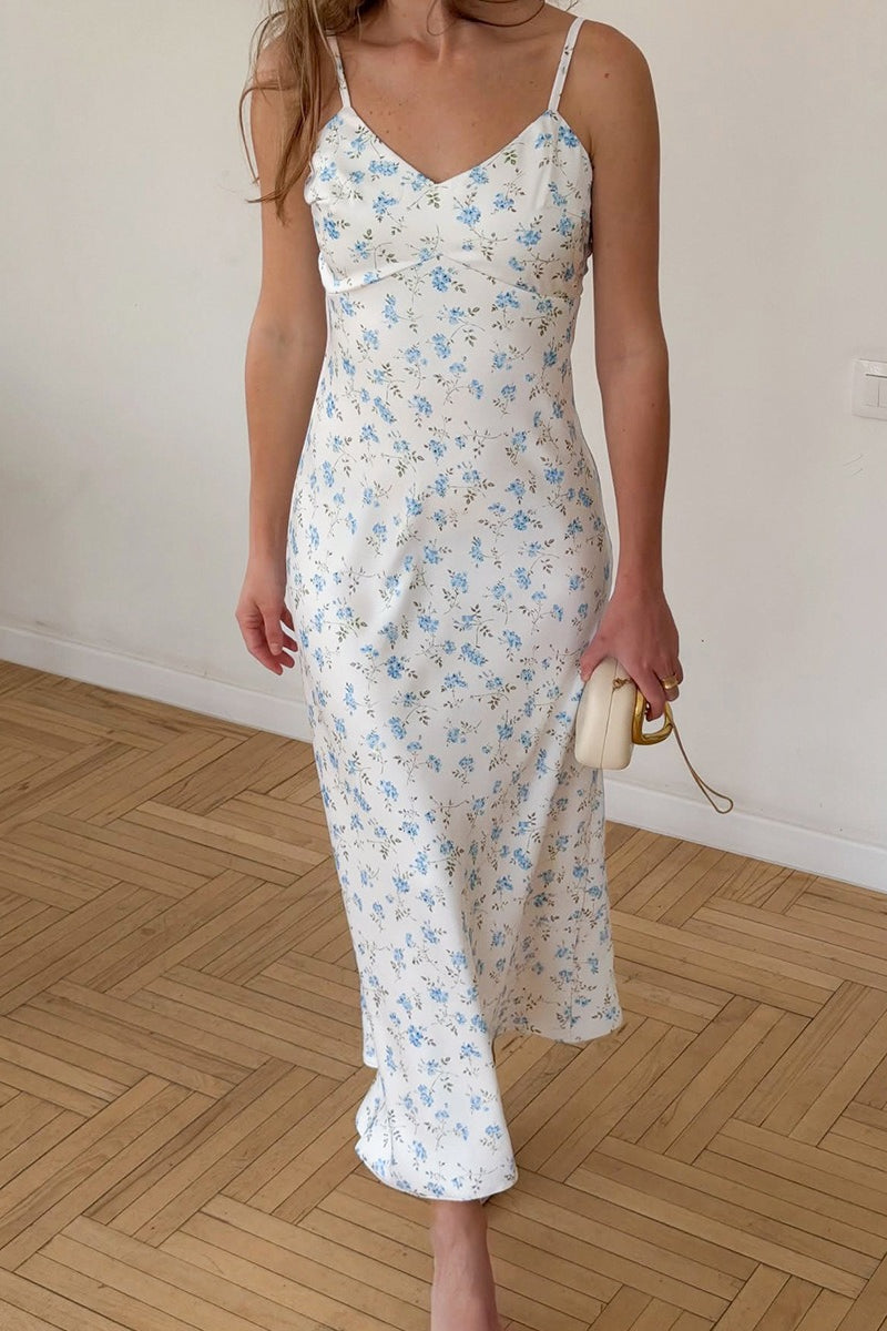 V Neck Satin Floral Print Long Slip Dress
