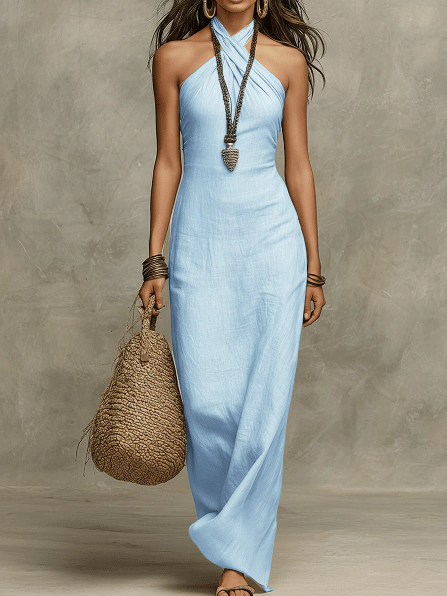 Cross Halter Neck Ruched Bodice Sleeveless Linen Column Maxi Dress