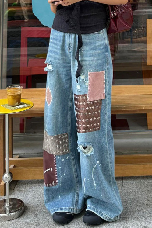 Vintage Washed Paint Splatter Patchwork Ripped Jeans