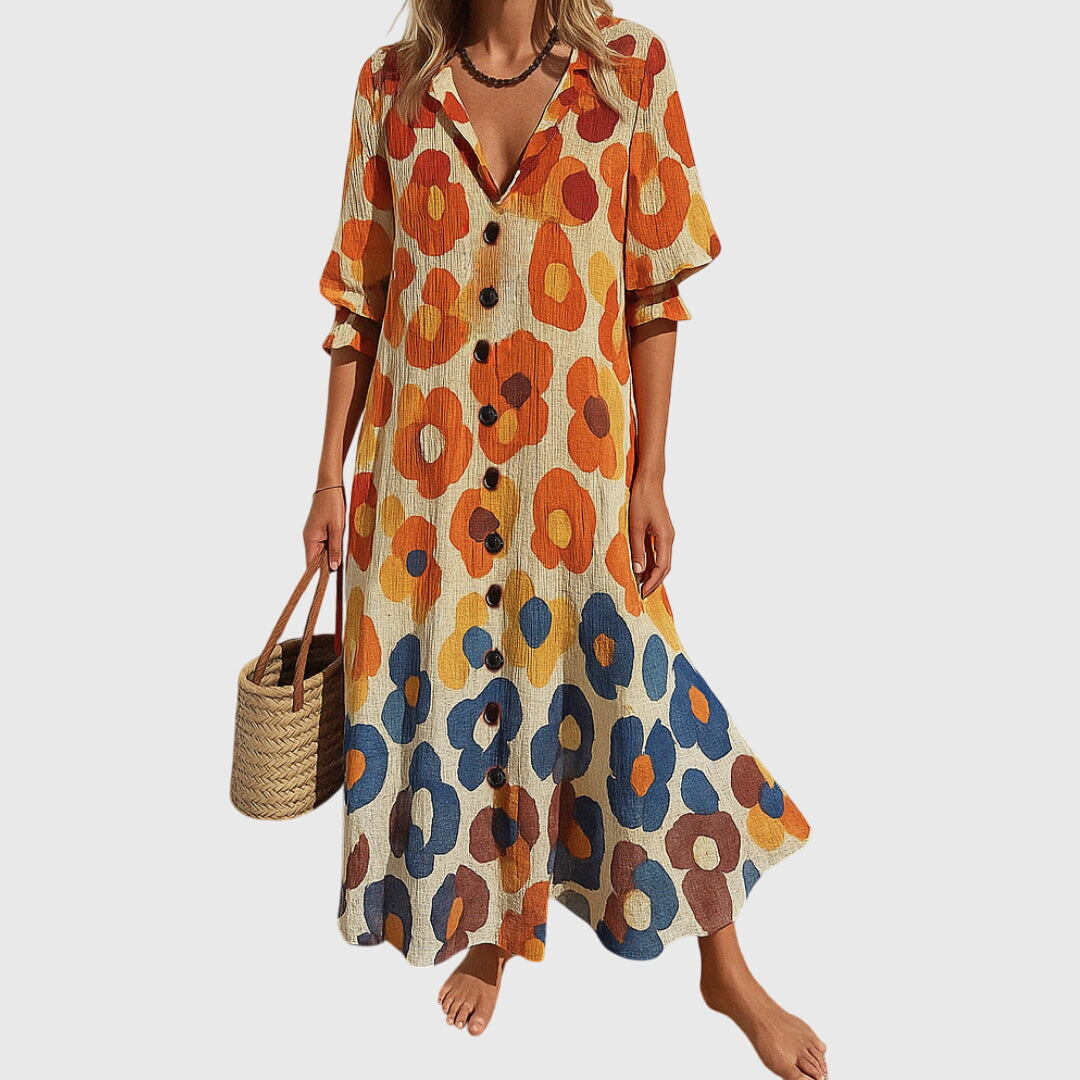 V-Neck Floral Print Button-Front Half Sleeve A-Line Maxi Dress