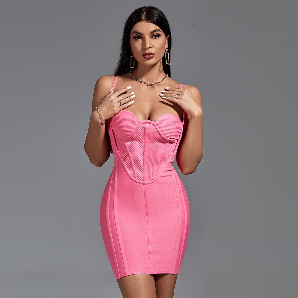 Pink Spaghetti Strap Sweetheart Mesh Corset Bodycon Mini Dress