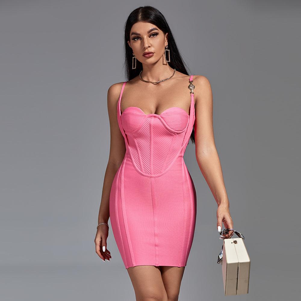 Pink Spaghetti Strap Sweetheart Mesh Corset Bodycon Mini Dress