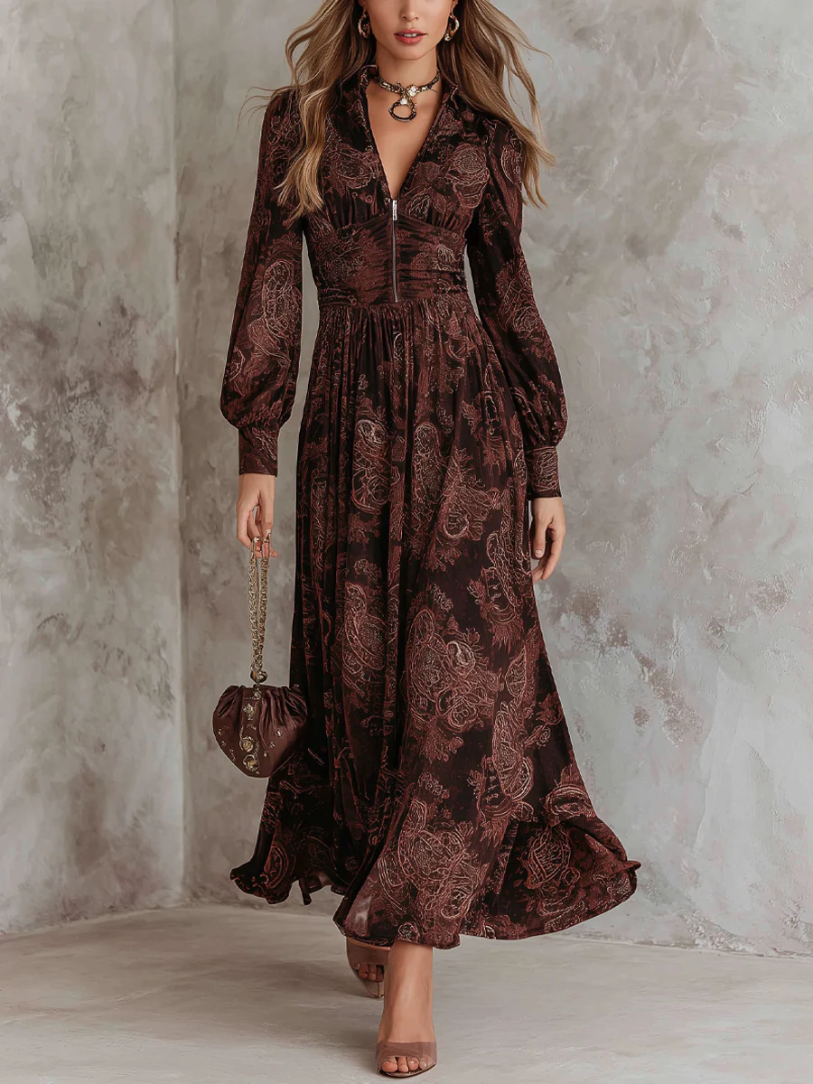 Collared Zip Front Paisley Print Long Sleeve A-Line Maxi Dress