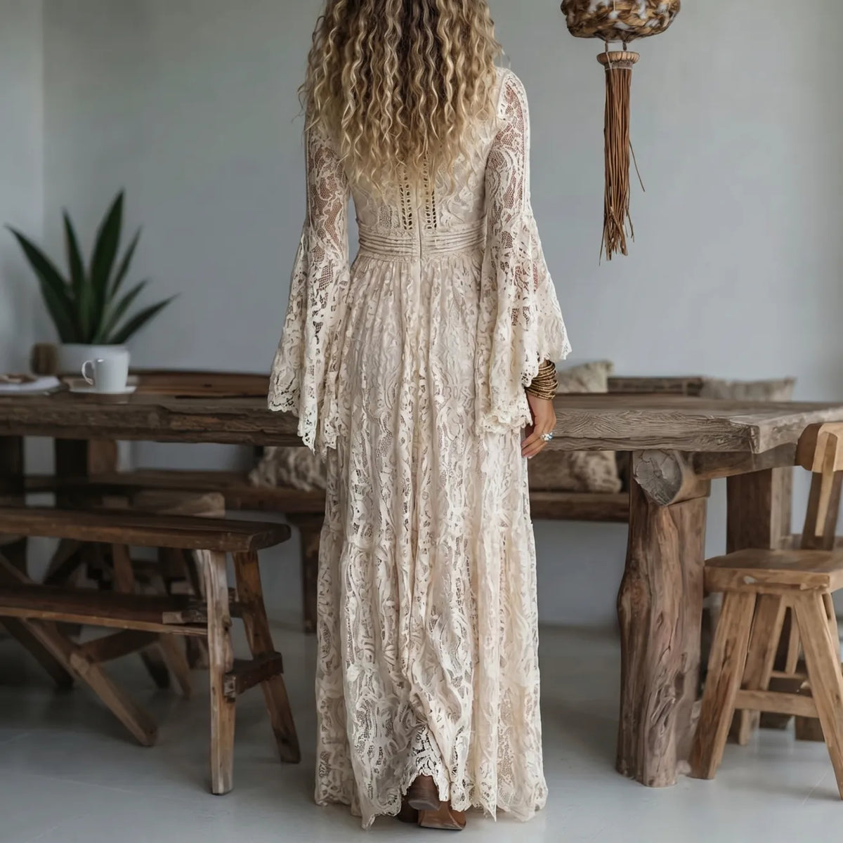 Deep V-Neck Bell Sleeve Sheer Lace Boho Maxi Dress 3