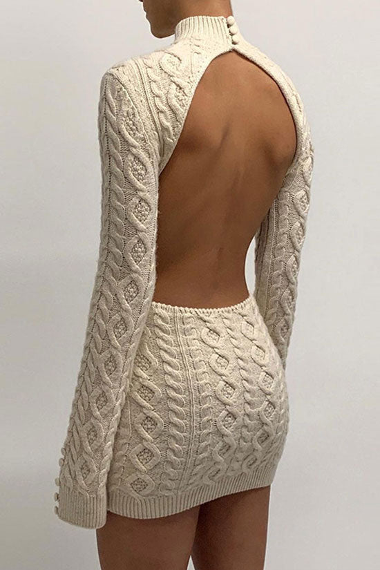 Cream High Neck Open Back Cable Knit Long Sleeve Bodycon Sweater Mini Dress