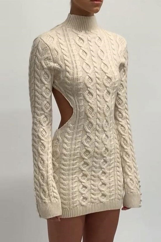 Cream High Neck Open Back Cable Knit Long Sleeve Bodycon Sweater Mini Dress