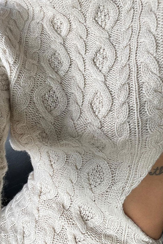 Cream High Neck Open Back Cable Knit Long Sleeve Bodycon Sweater Mini Dress