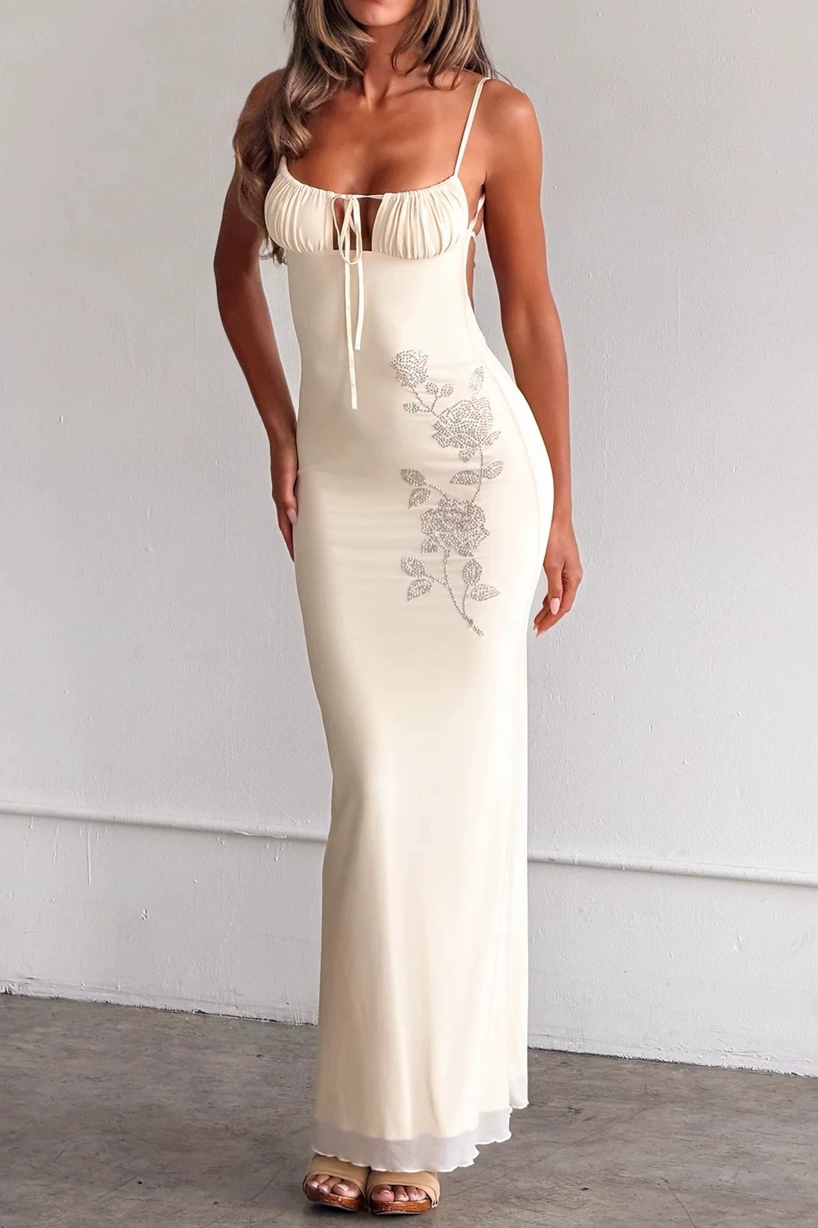 Strapless Tie Front Rhinestone Rose Mesh Maxi Party Dress