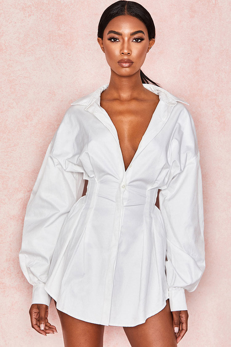 White Collared Balloon Sleeve Cinch Waist Button Down Shirt Mini Dress