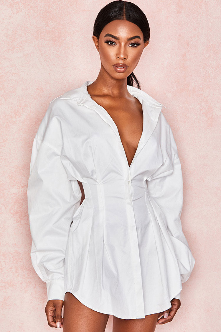 White Collared Balloon Sleeve Cinch Waist Button Down Shirt Mini Dress