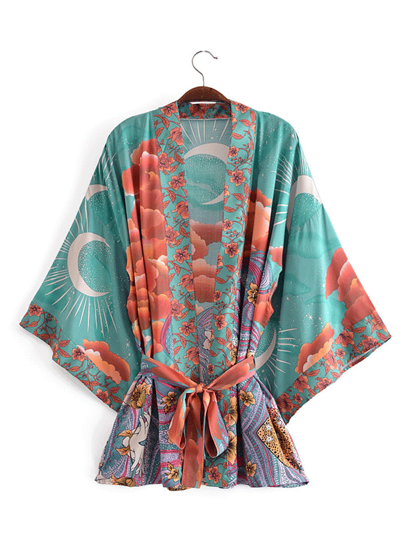 Green Celestial Floral Print Tie Waist Bell Sleeve Short Kimono