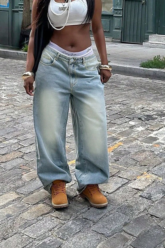 Vintage Washed Wide Straight Jeans