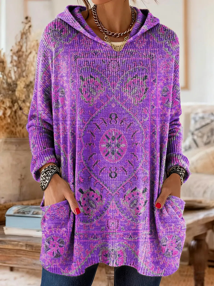Hooded Ethnic Print Long Sleeve Pocket Knit Sweater
