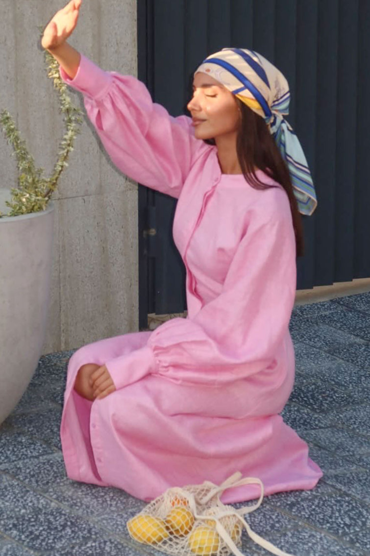 Puff Sleeve Cotton Linen Maxi Dress