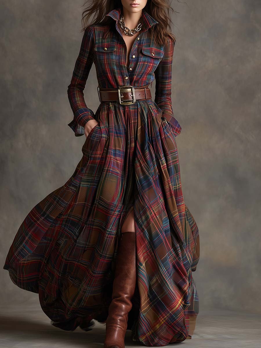 Collared Plaid Belted Long Sleeve High Slit Shirt Maxi Dress 5
