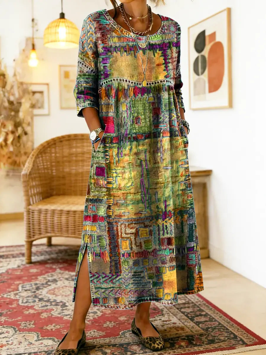 Round Neck Abstract Patchwork Print Long Sleeve Side Slit Maxi Dress