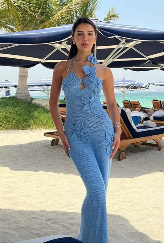 CutOut Halter Appliqué Fitted Bodycon Maxi Sweater Dress