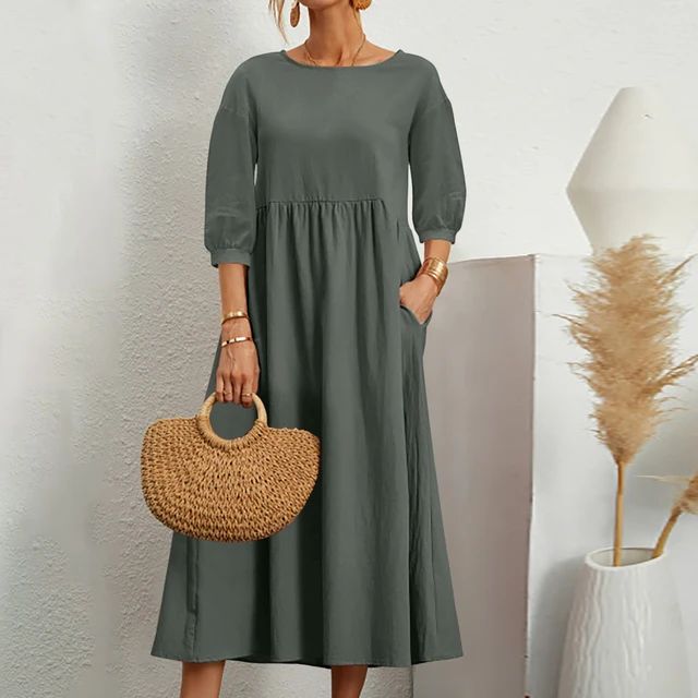 Round Neck Three Quarter Sleeve Babydoll Pocket Midi Dress 8