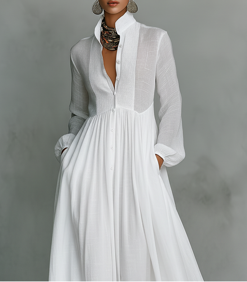 Stand Collar Button Front Long Sleeve Pleated Bib Maxi Dress 3