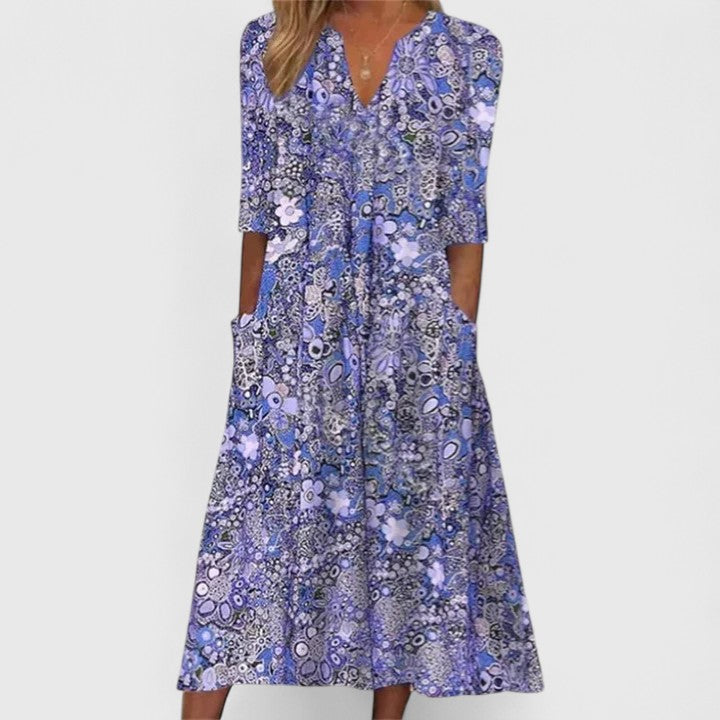 Notched V-Neck Half Sleeve Floral Paisley Pocket A-Line Midi Dress
