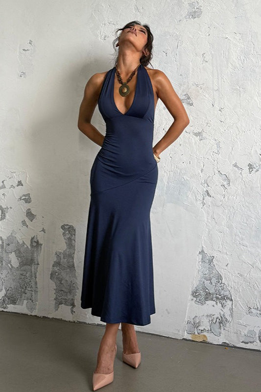 Halter Deep V Backless Midi Dress