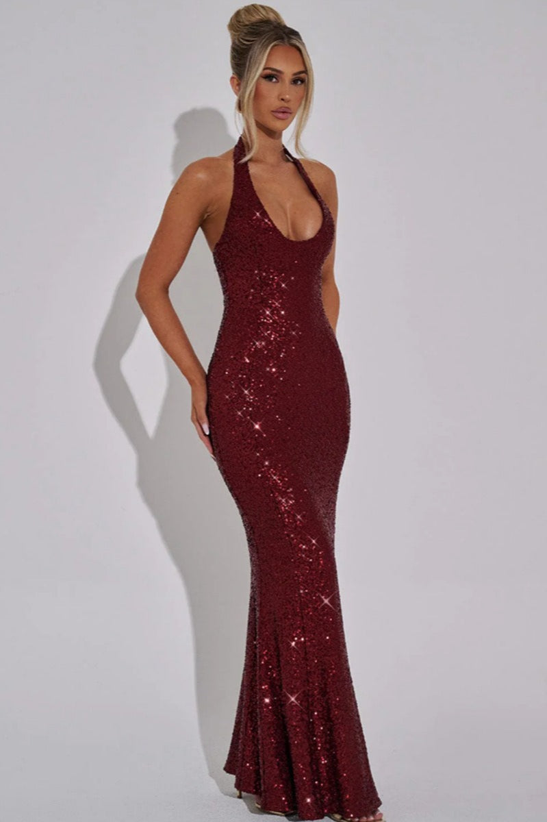 Rhinestone Halter Sleeveless Ruched Party Dress