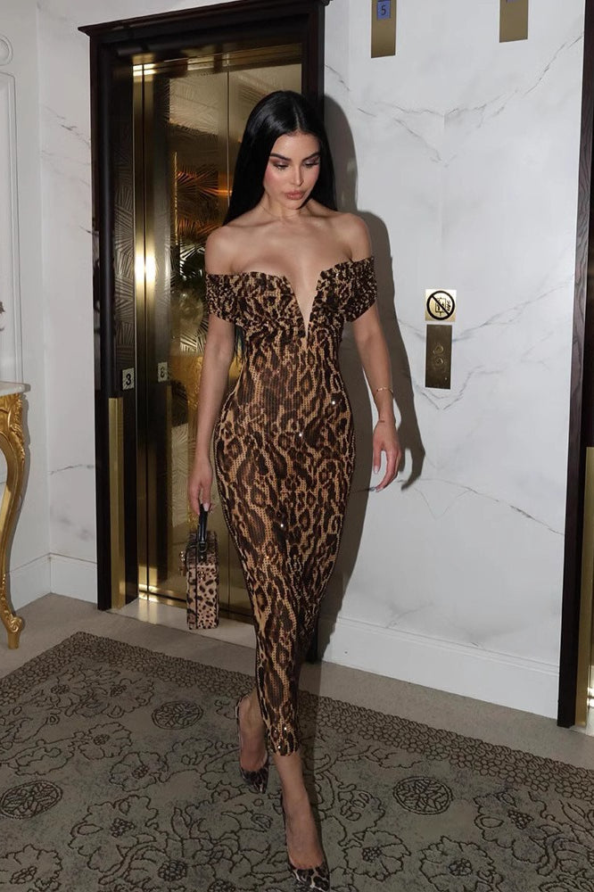V-Neck Off-Shoulder Sequin Midi Dress