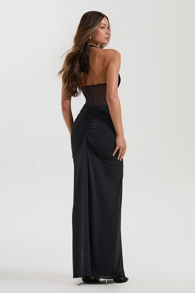 Halter Mesh Paneled Pencil Maxi Party Dress
