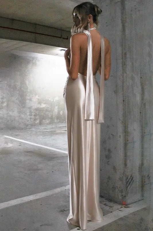 Backless High Waist Satin Dress