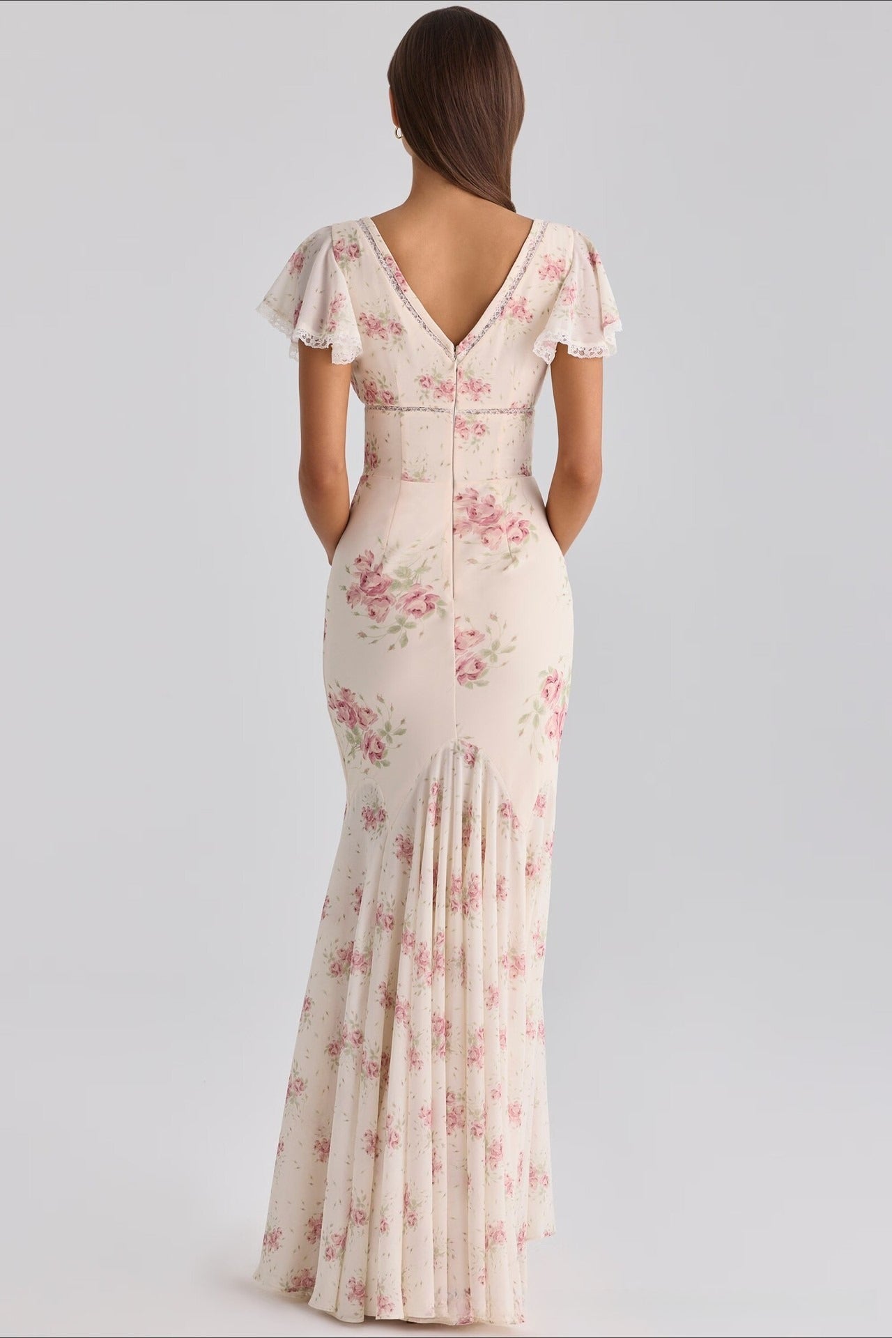 Mermaid V Neck Lace Panel Slim Long Floral Dress
