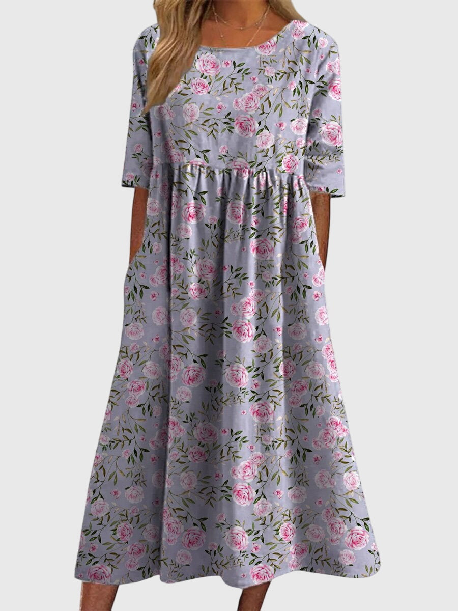 Round Neck Floral Print Short Sleeve Empire Waist A-Line Midi Dress