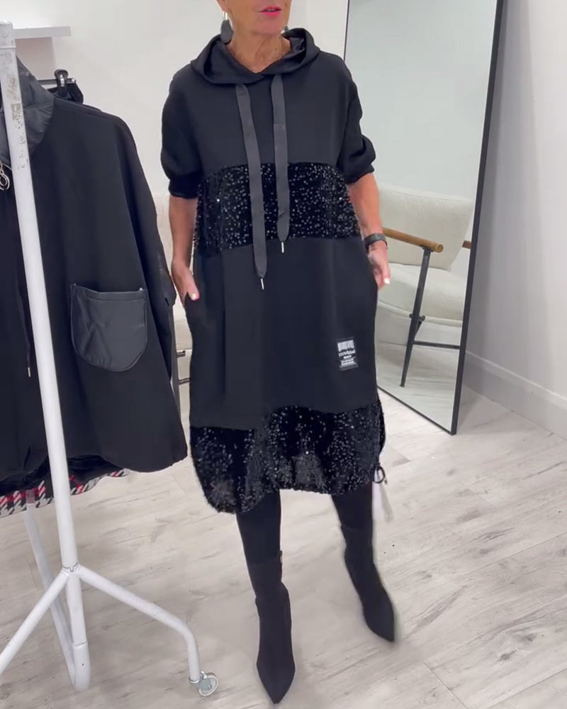 Hooded Drawstring Sequin Patchwork Panel Pocket Sweatshirt Midi Dress