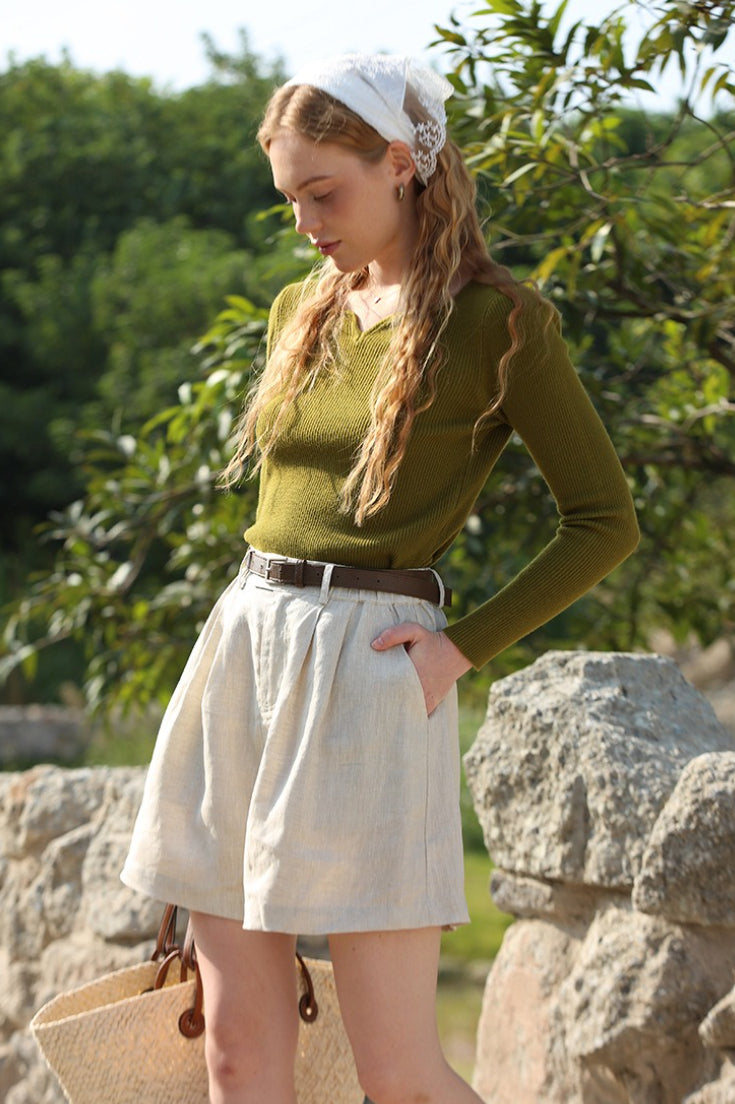 Linen Elastic High Waist Pants