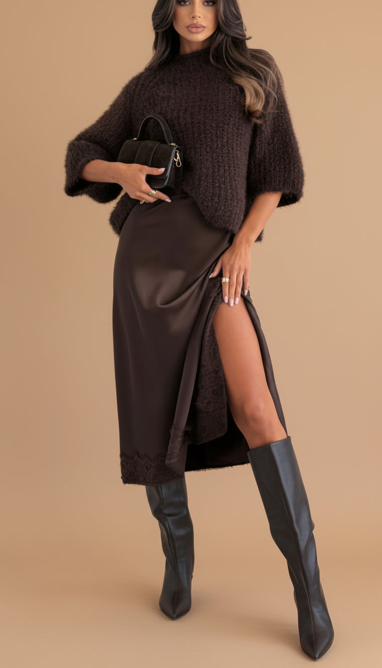 Chocolate Mock Neck Bow Applique Short Sleeve Sweater Satin Skirt Set